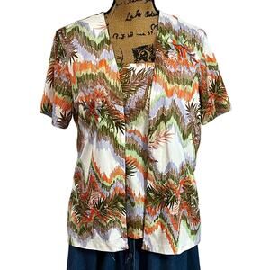 VTG 70s Teddi of California Polyester Multicolor Short Sleeve Blouse Shirt L/XL